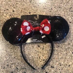 Disney Black Sequin Ears with Red Bow Minnie Mouse Headband
